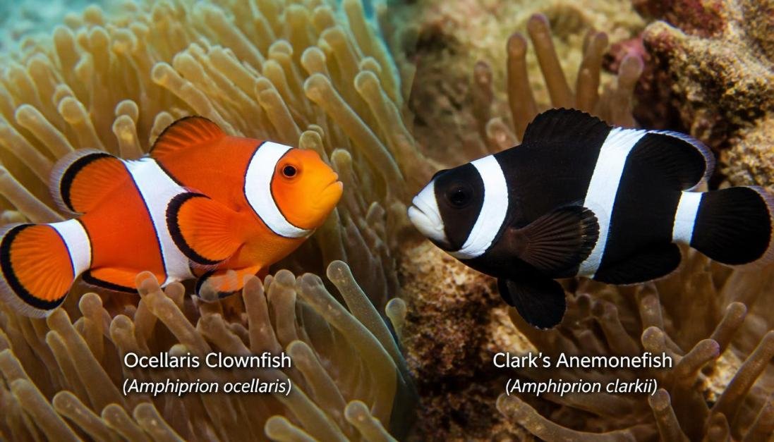 Two clownfish species showing different colors and stripe patterns