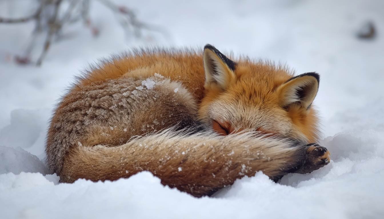 Alt Text: Fox curled up with its bushy tail wrapped around its face for warmth

