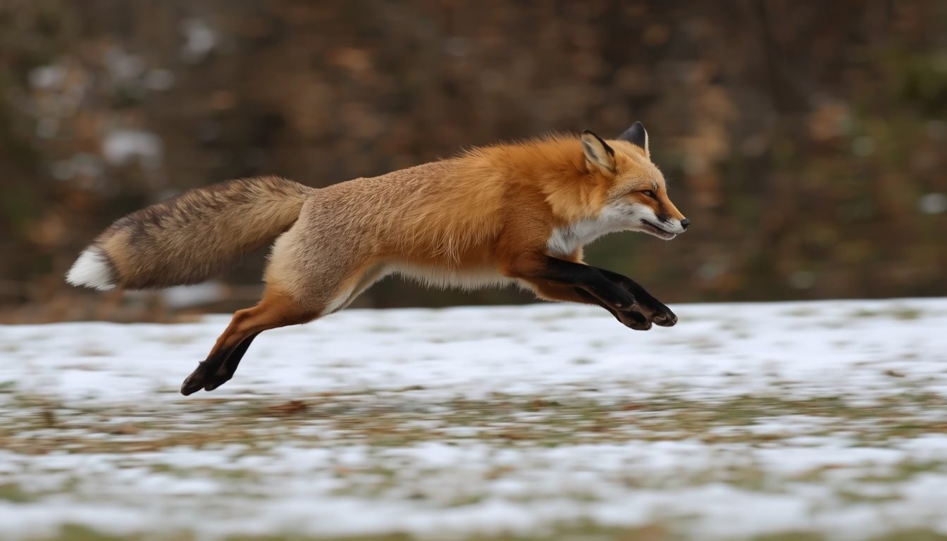 Alt Text: Fox leaping through the air with its tail extended for balance

