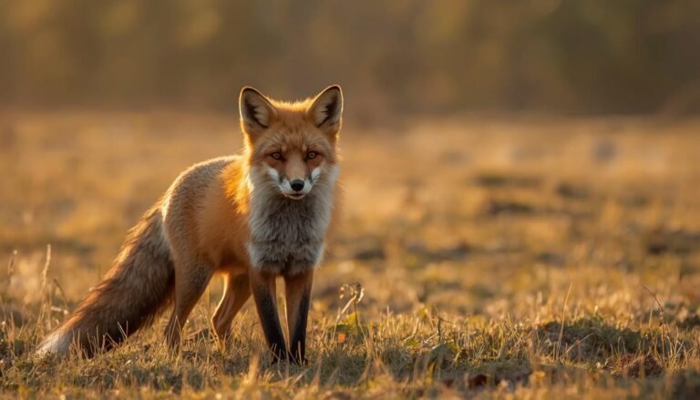 Alt Text: Red fox standing in a field showing its full bushy tail