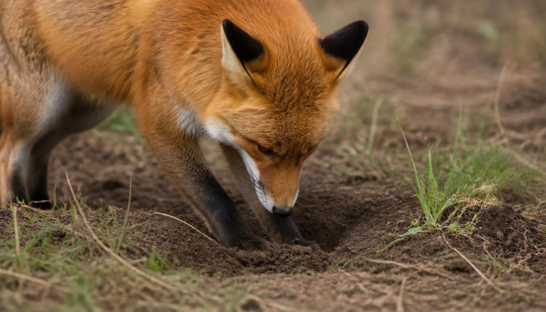 Alt text: Fox sniffing the ground while searching for a buried food cache