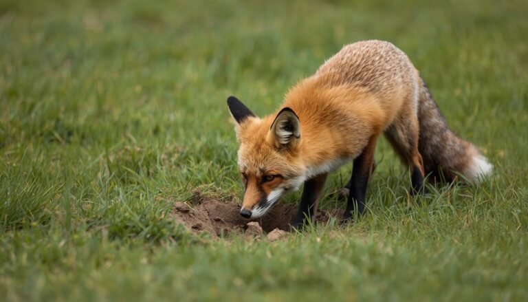 Alt text: Red fox digging a hole in grass to bury food for later