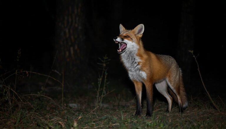 Alt text: Red fox standing outdoors at night with its mouth open, appearing to call out