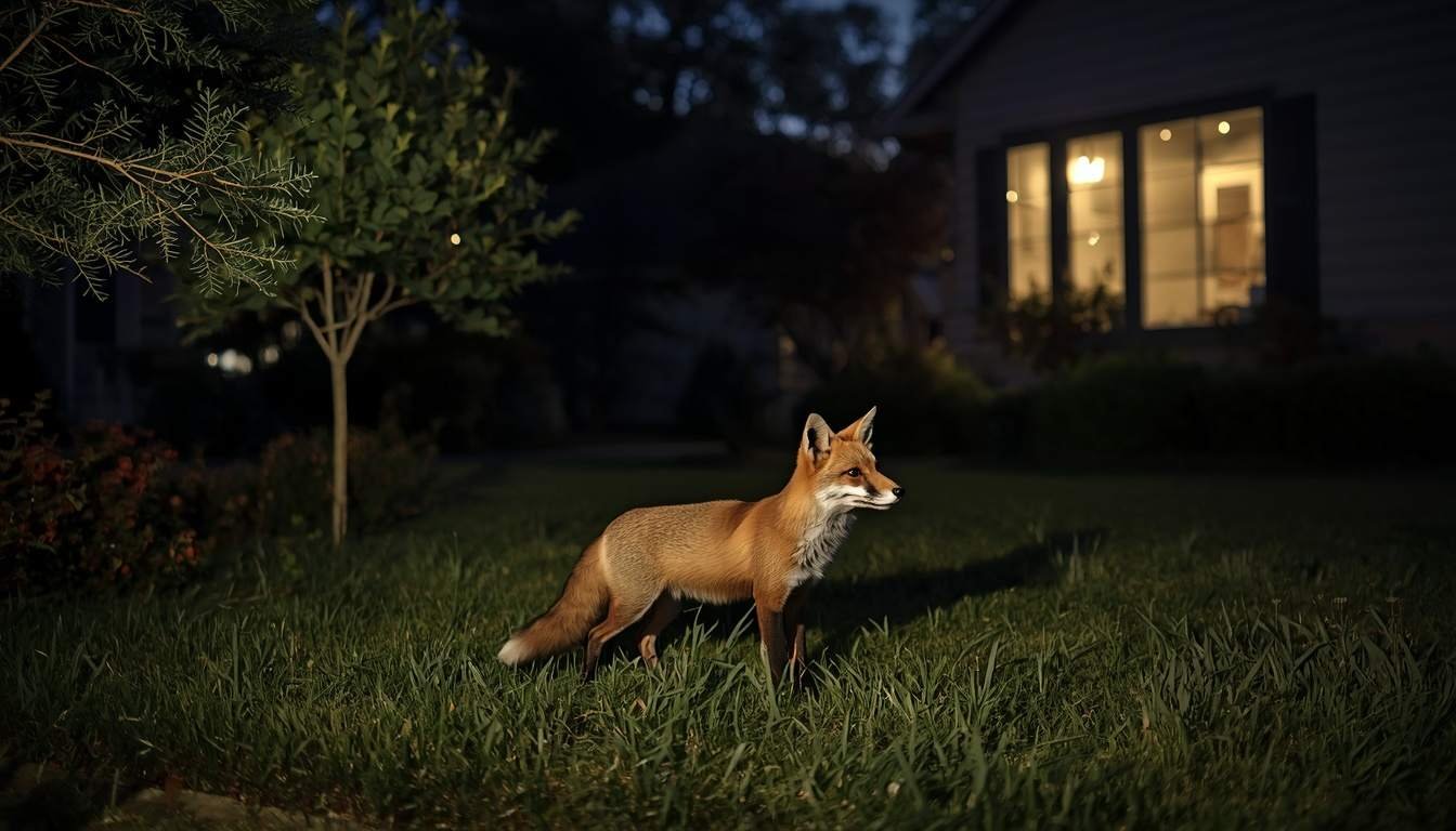 Alt text: Red fox standing on a suburban lawn at night near a house
