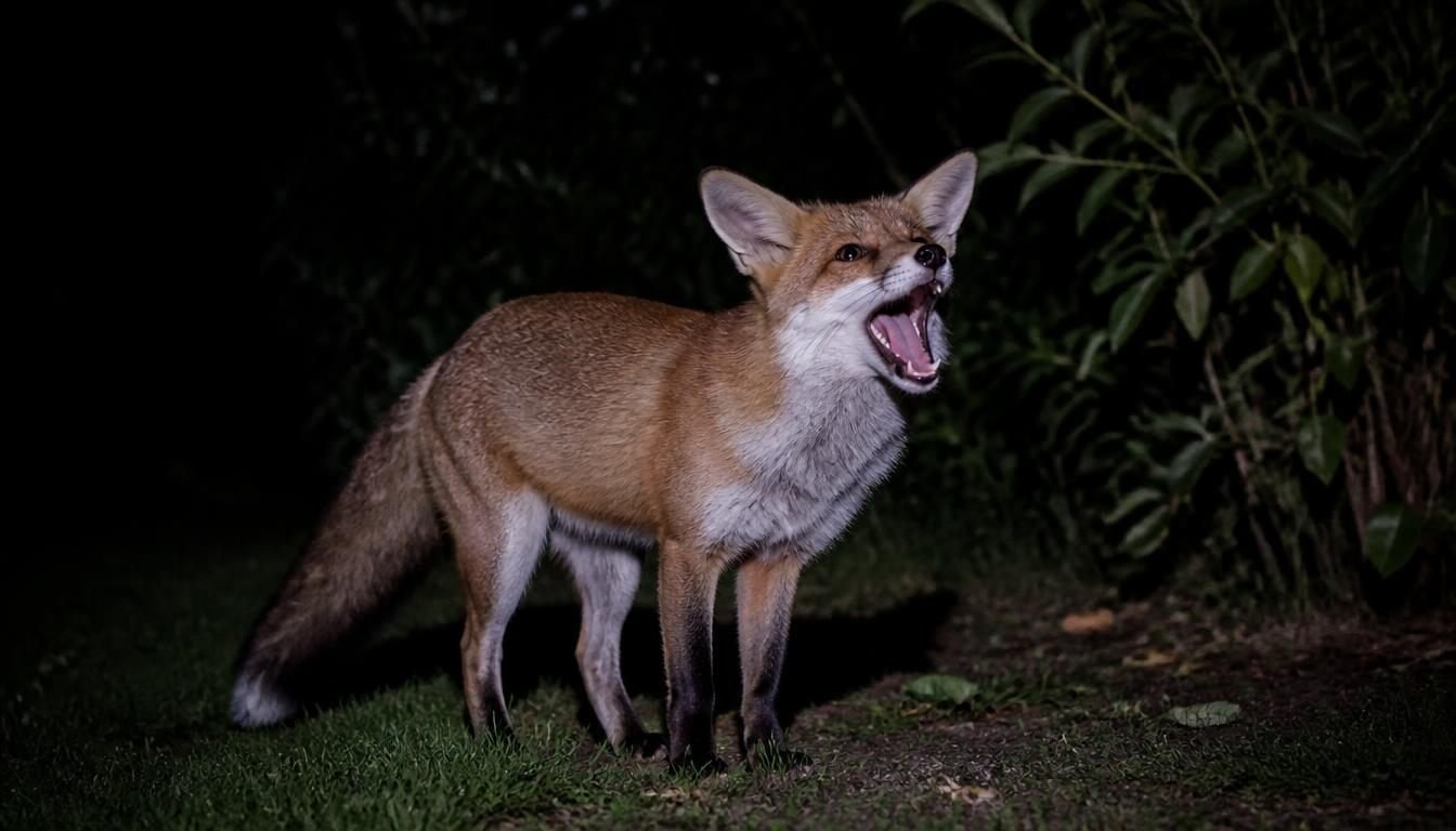 Alt text: Female red fox standing outdoors at night appearing alert and vocal

