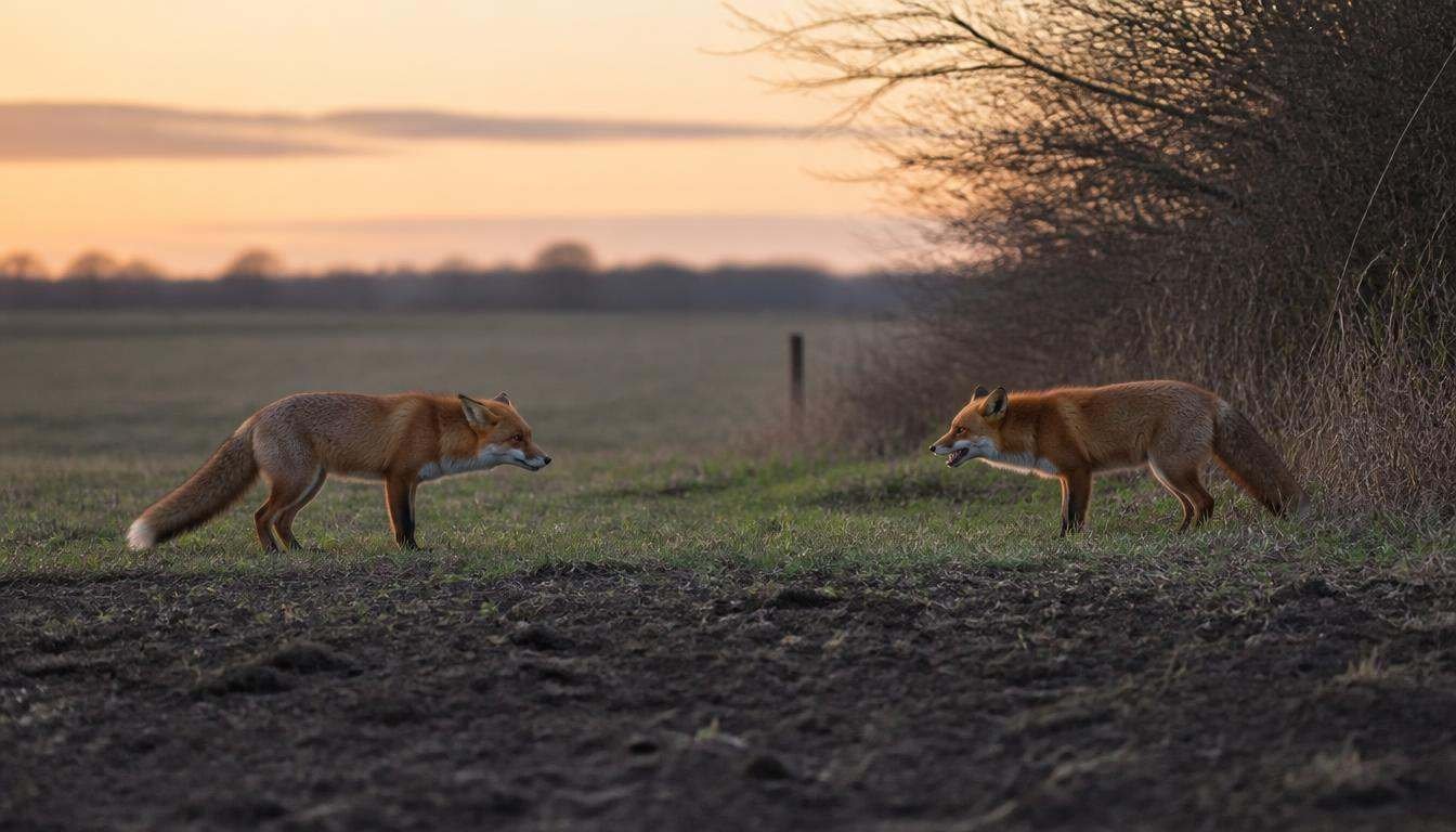 Alt text: Two red foxes facing each other near a territorial boundary at dusk
