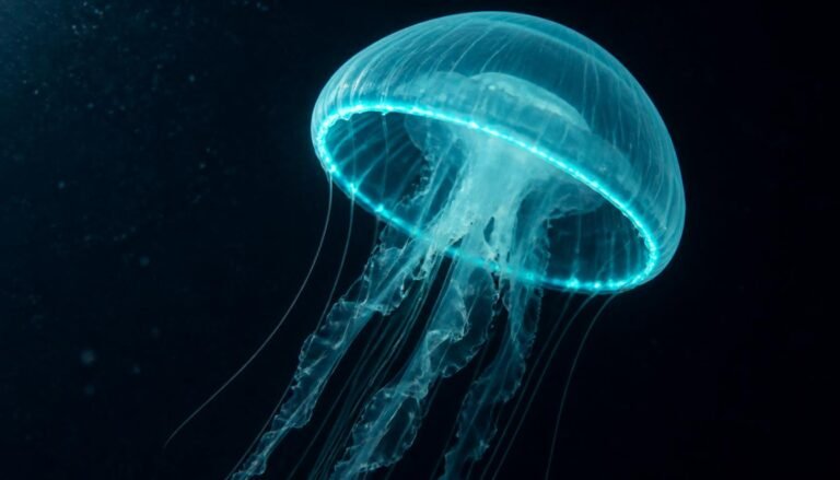 Translucent jellyfish glowing blue-green in dark ocean water