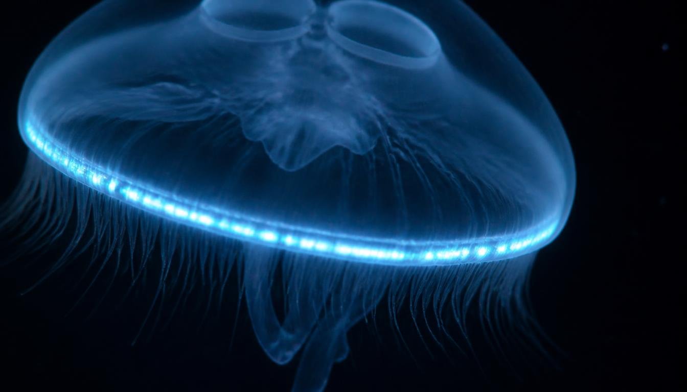 Close-up of Aequorea victoria jellyfish showing its glowing outer ring
