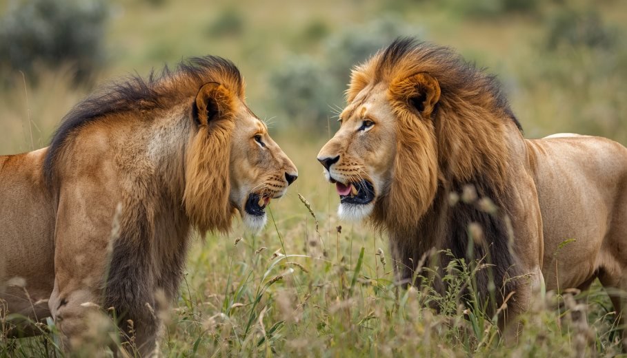 Alt Text: Two male lions standing in an alert posture facing each other
