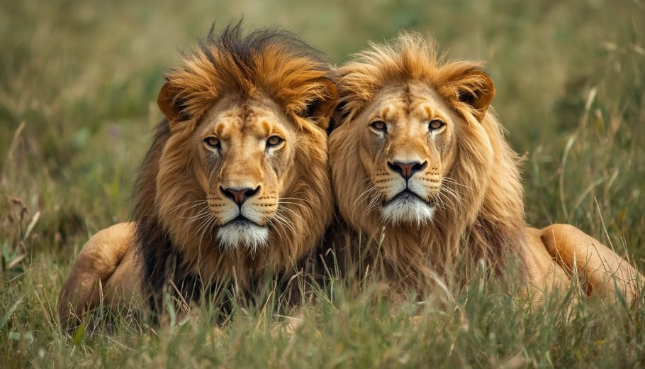 Alt Text: Two male lions with visibly different mane colors resting together
