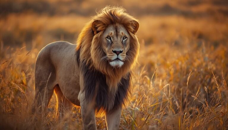 Alt Text: Male lion with a full dark mane standing in savanna grassland