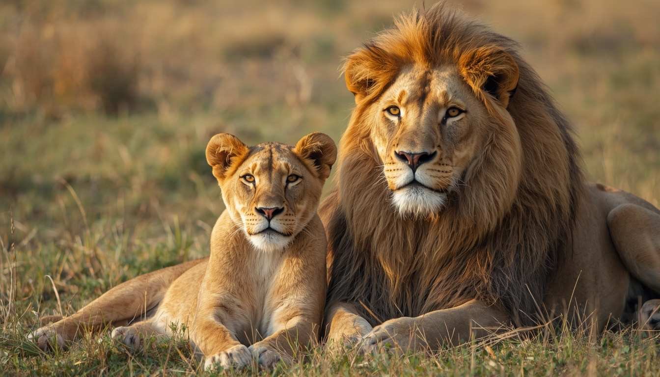 Alt Text: Female lion sitting near a male lion with a visible mane
