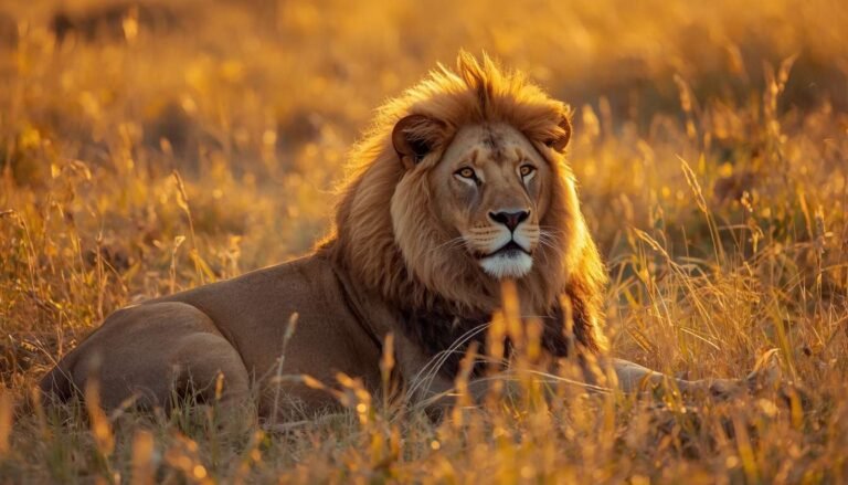 Adult male lion with a mane resting in African savanna grass