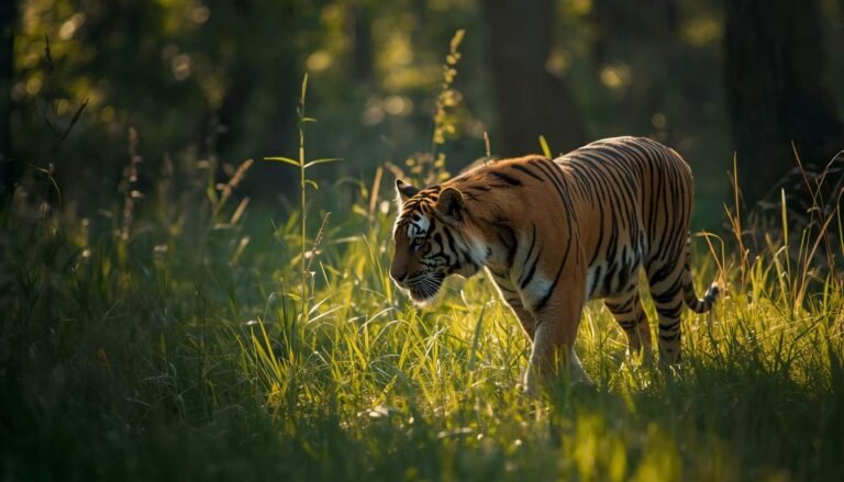 Alt Text: Adult tiger walking through tall grass in early morning forest light