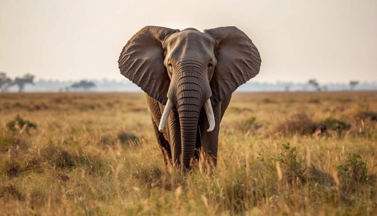 Alt text: Adult African elephant standing in open savanna grassland