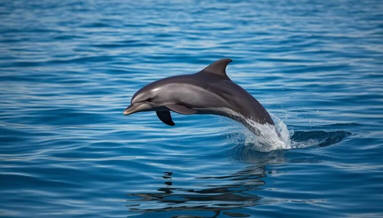 Alt text: Bottlenose dolphin leaping above the surface of calm blue ocean water