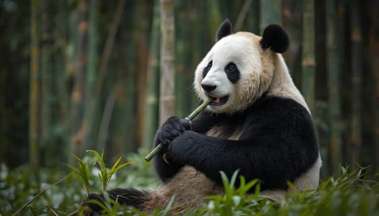 Alt text: Giant panda sitting upright and holding a bamboo stalk in a green forest