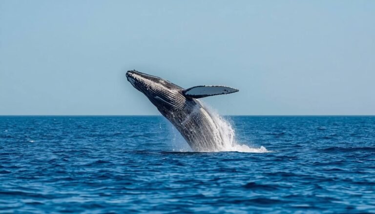 Alt text: Humpback whale breaching above the surface of calm blue ocean water
