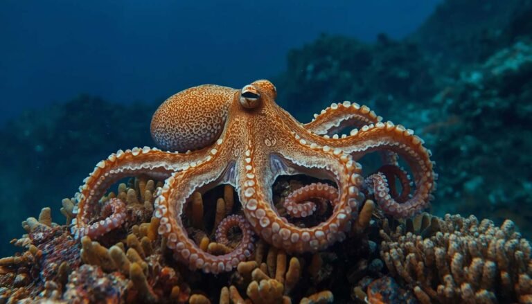 Alt text: Octopus resting on a coral reef with arms partially curled