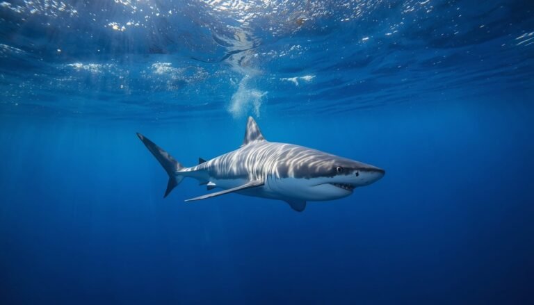 Alt text: Shark swimming through clear blue open ocean water