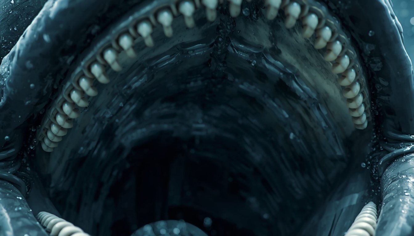 Alt text: Whale lunging through the water near the surface while feeding
