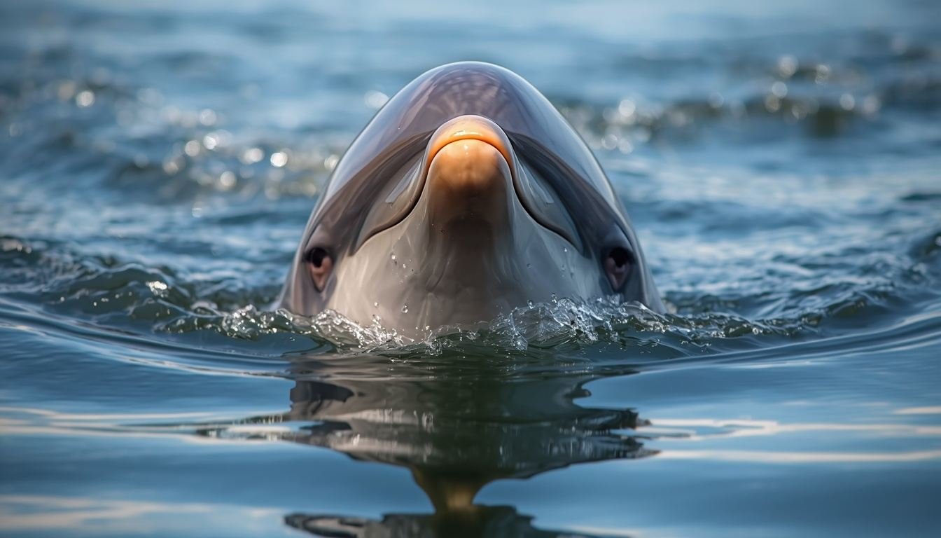 Alt text: Dolphin surfacing with its blowhole open above calm water
