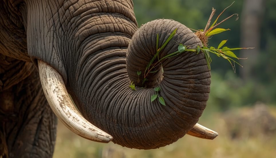 Alt text: Close-up of an elephant's trunk curling around a piece of vegetation
