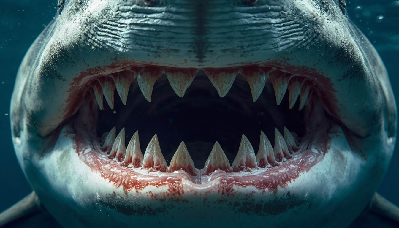 Alt text: Close-up of a shark's mouth showing several rows of sharp teeth
