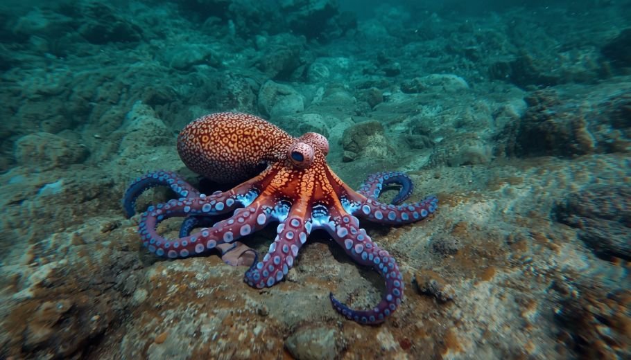 Alt text: Octopus camouflaged against a rocky, textured seafloor
