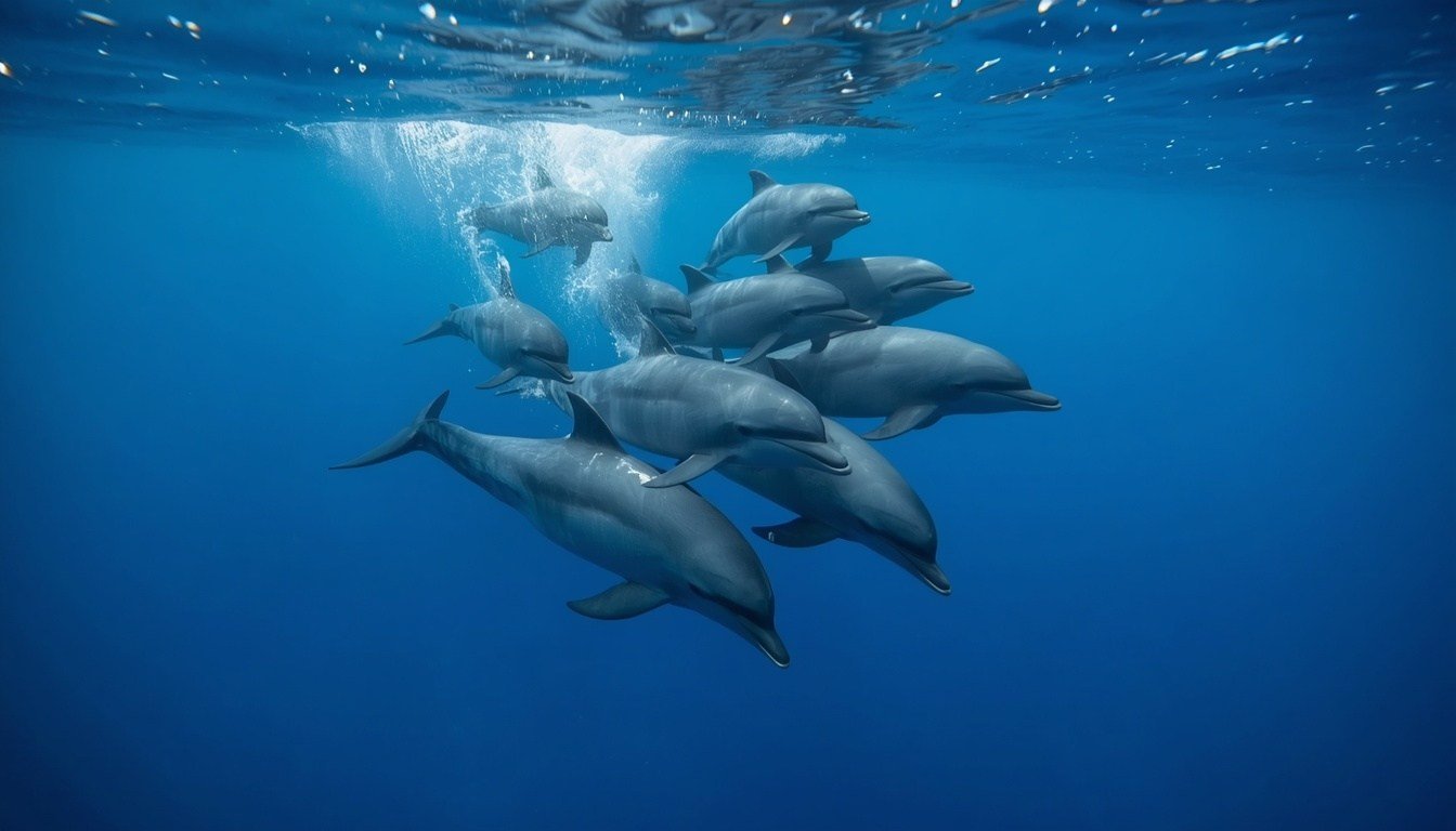 Alt text: Small pod of dolphins swimming together in clear blue water
