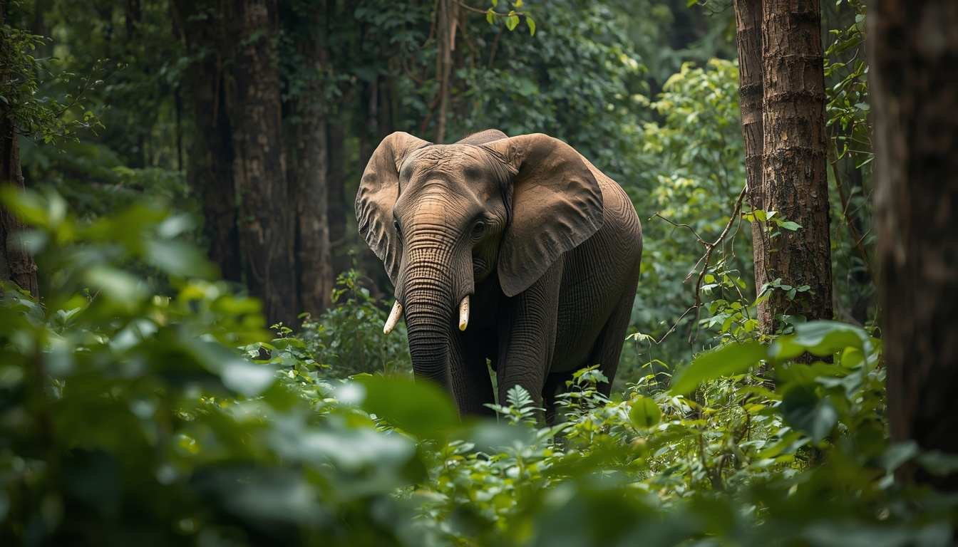  Alt text: African forest elephant walking through dense rainforest vegetation