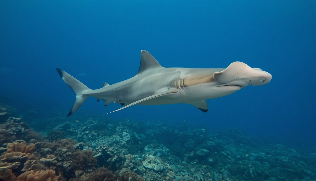 Alt text: Hammerhead shark swimming near a coral reef in clear water