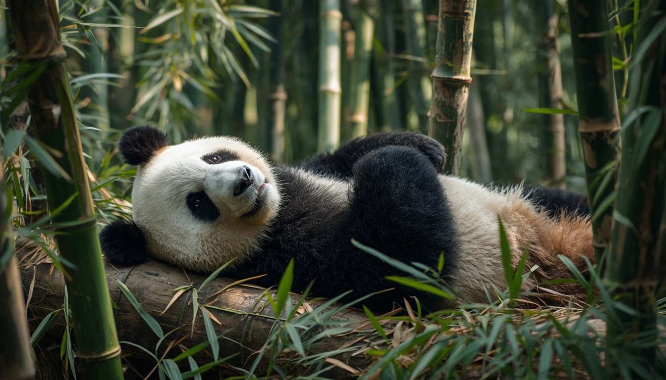  Alt text: Giant panda lying down to rest among green bamboo stalks
