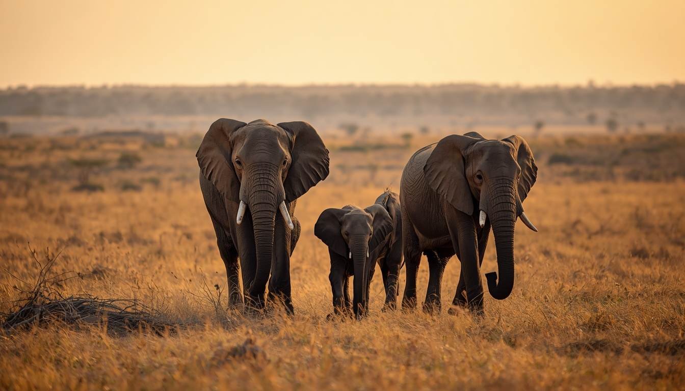  Alt text: Small herd of elephants, including a calf, walking together across open savanna
