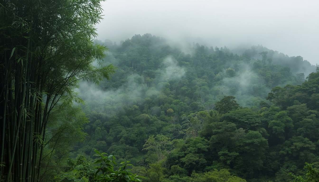  Alt text: Misty mountain forest with dense bamboo undergrowth
