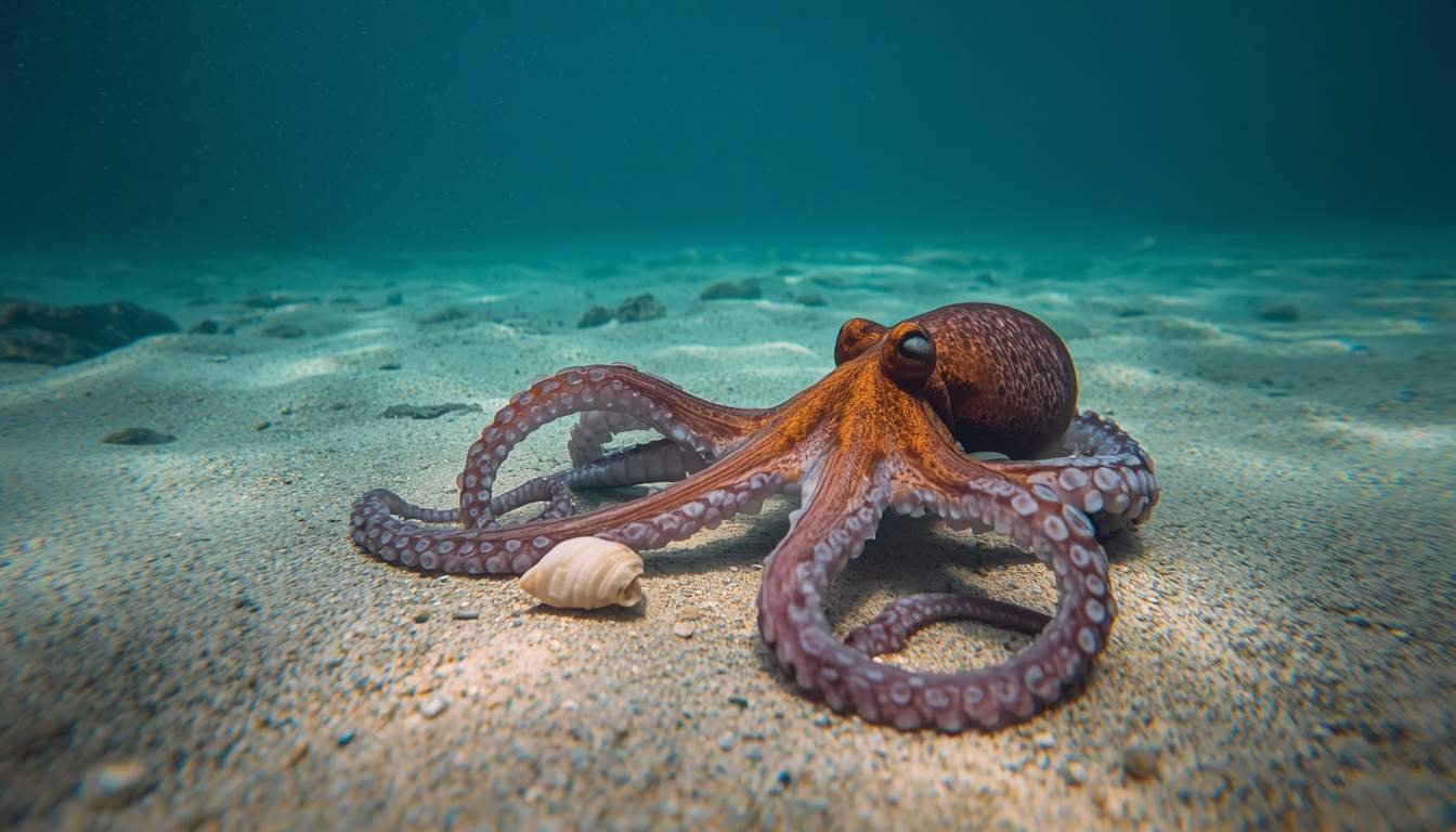 Alt text: Octopus using its arms to investigate an object on the sandy seafloor