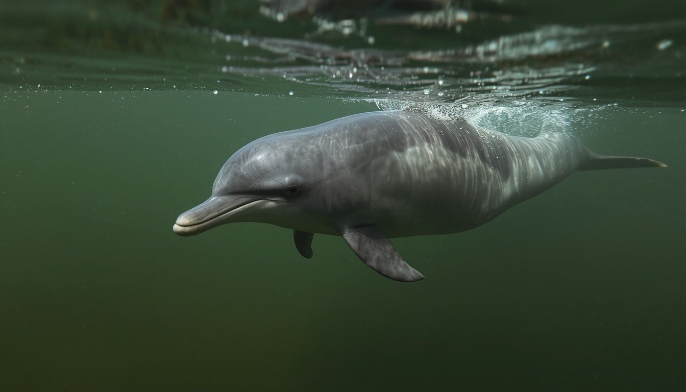 Alt text: River dolphin swimming through murky greenish freshwater
