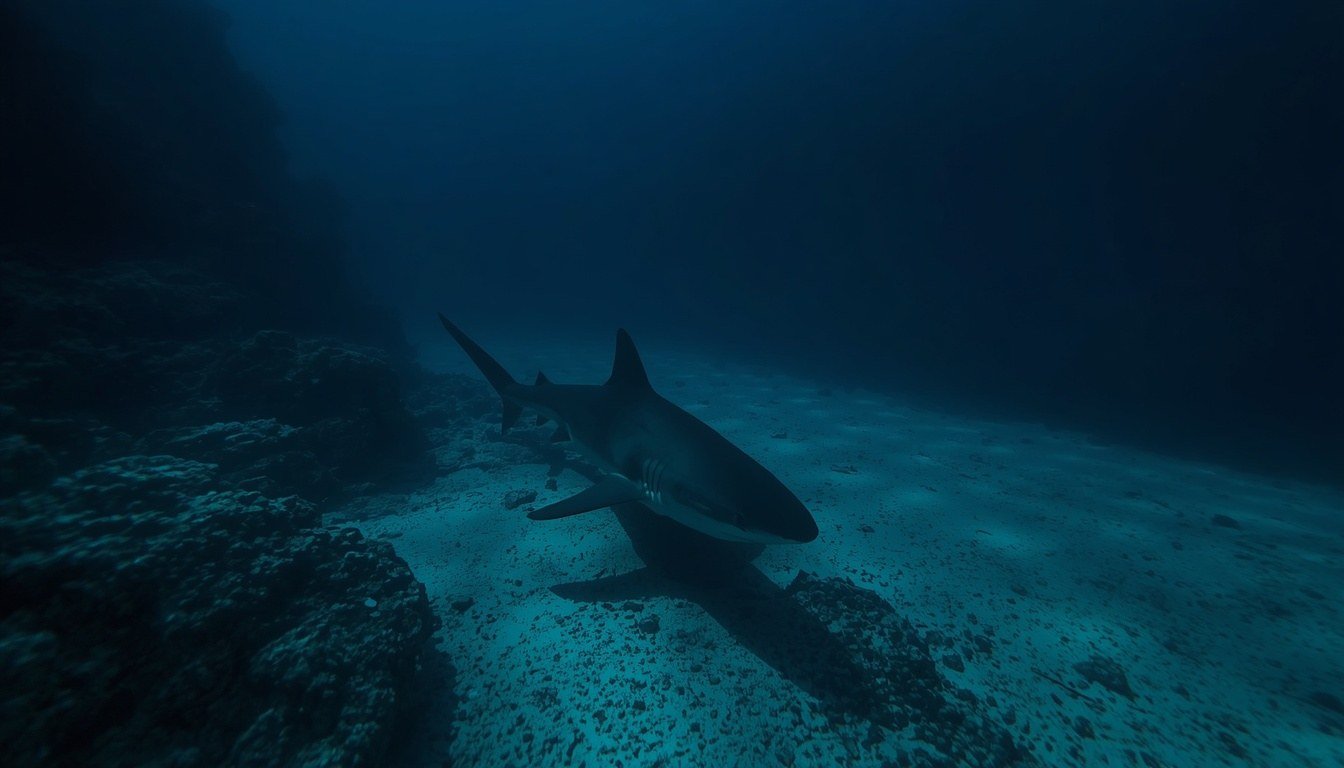 Alt text: Shark swimming near the ocean floor in dim, cool-toned water
