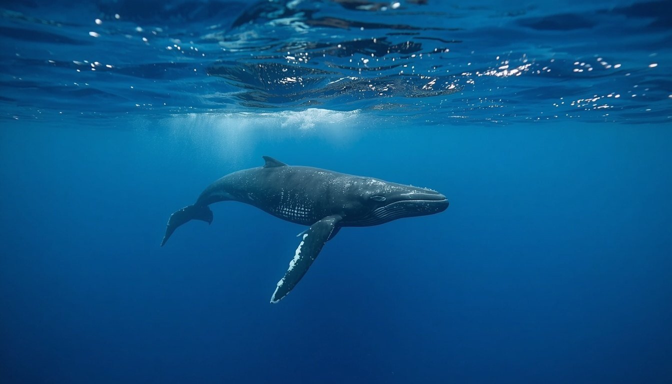 Alt text: Whale tail fluke rising above the ocean surface as the whale dives
