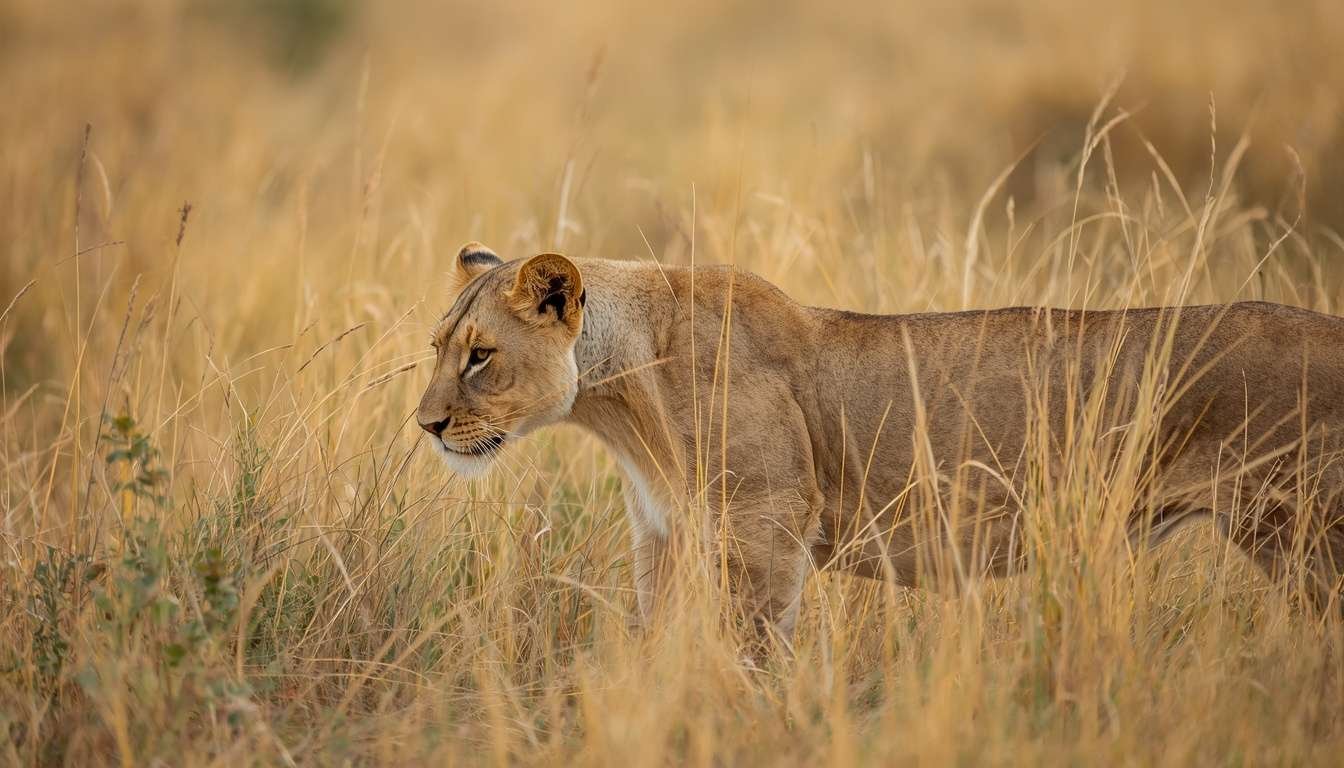 Lioness crouched in tall grass while hunting on the savanna