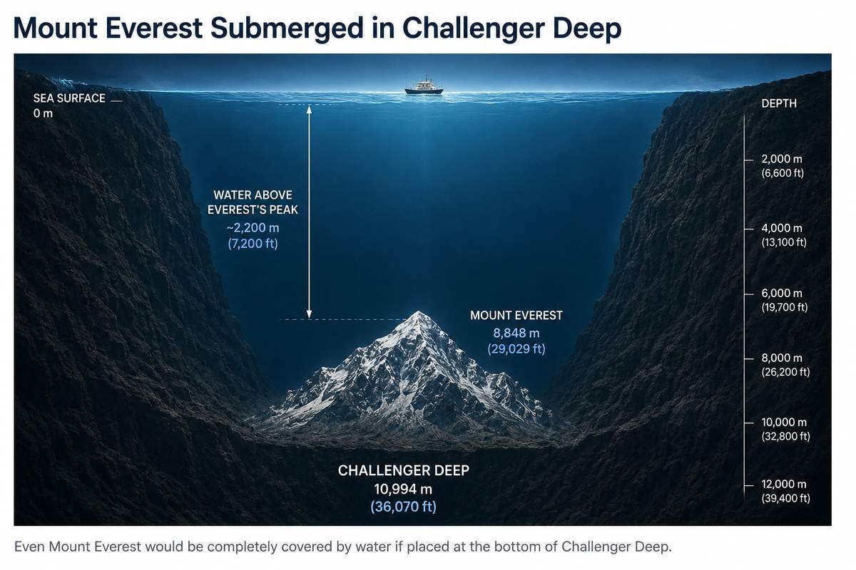 Mount Everest compared with the depth of Challenger Deep