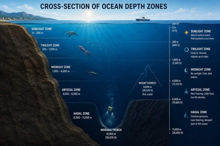 Cross-section of ocean depth zones down to the Mariana Trench