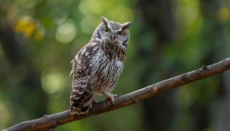 Owl perched on a branch with its head turned sharply to look behind itself