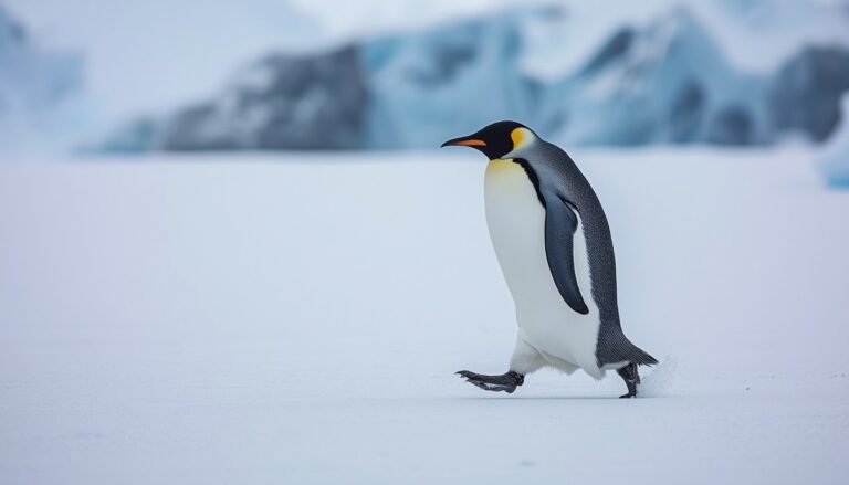 Emperor penguin waddling across an icy Antarctic landscape