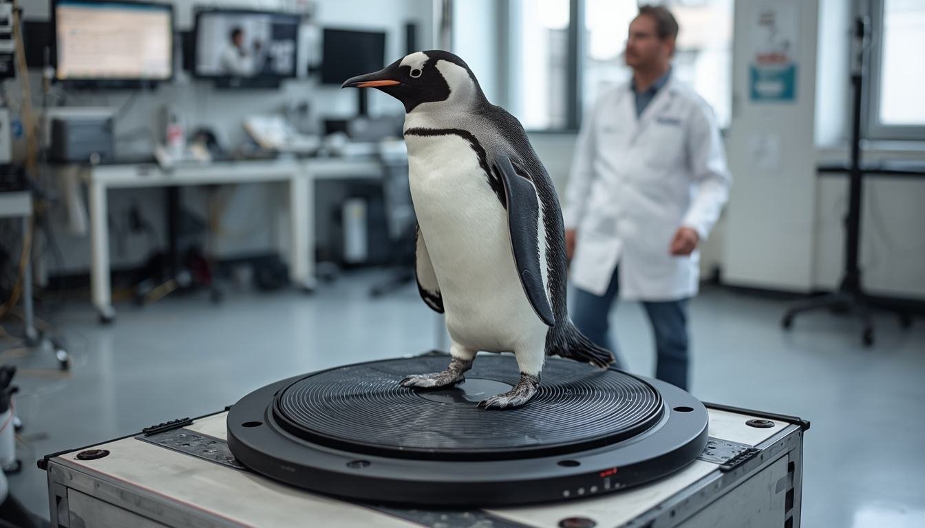 Penguin walking across a force-plate platform used in biomechanics research
