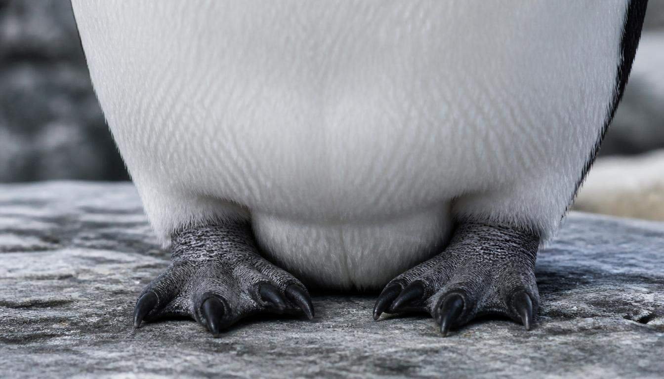 Close-up of a penguin's short legs and broad feet
