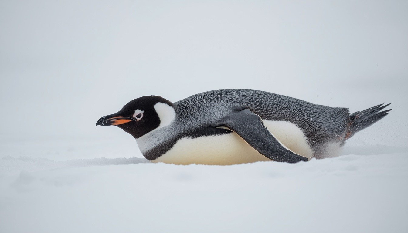 Penguin tobogganing on its belly across snow
