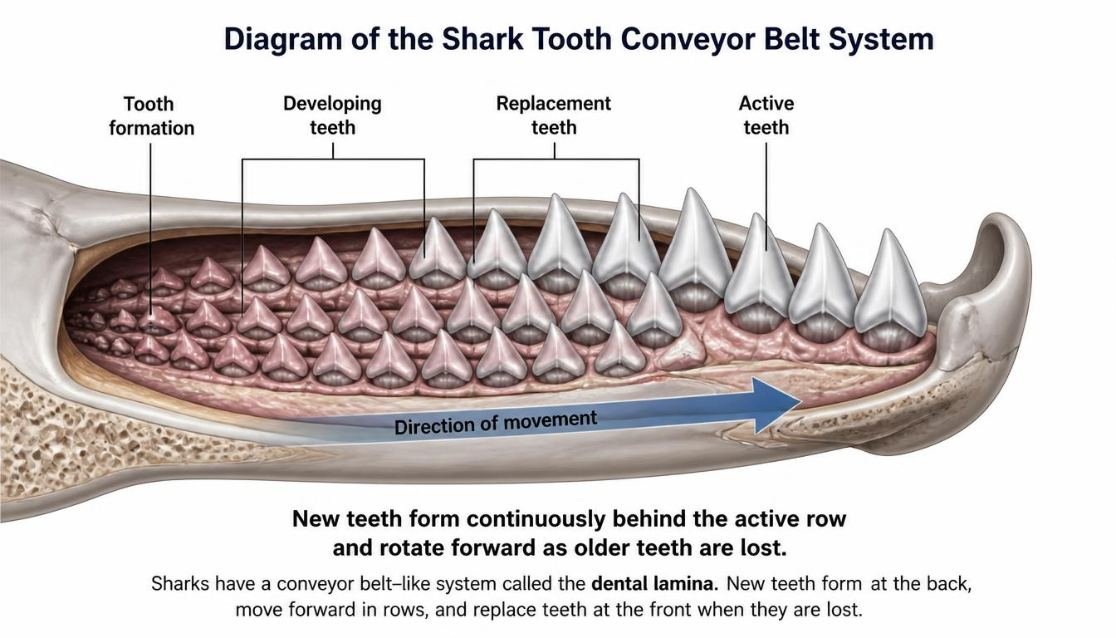 Diagram showing rows of developing shark teeth moving forward to replace lost teeth

