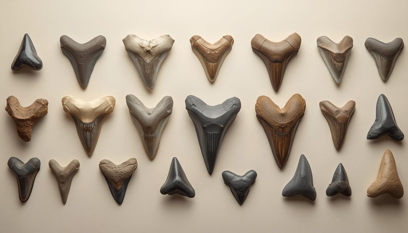Collection of fossilized shark teeth of different sizes and shapes
