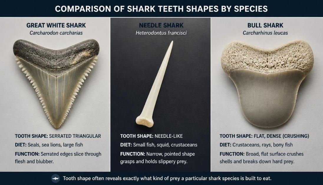Comparison of different shark tooth shapes from different species
